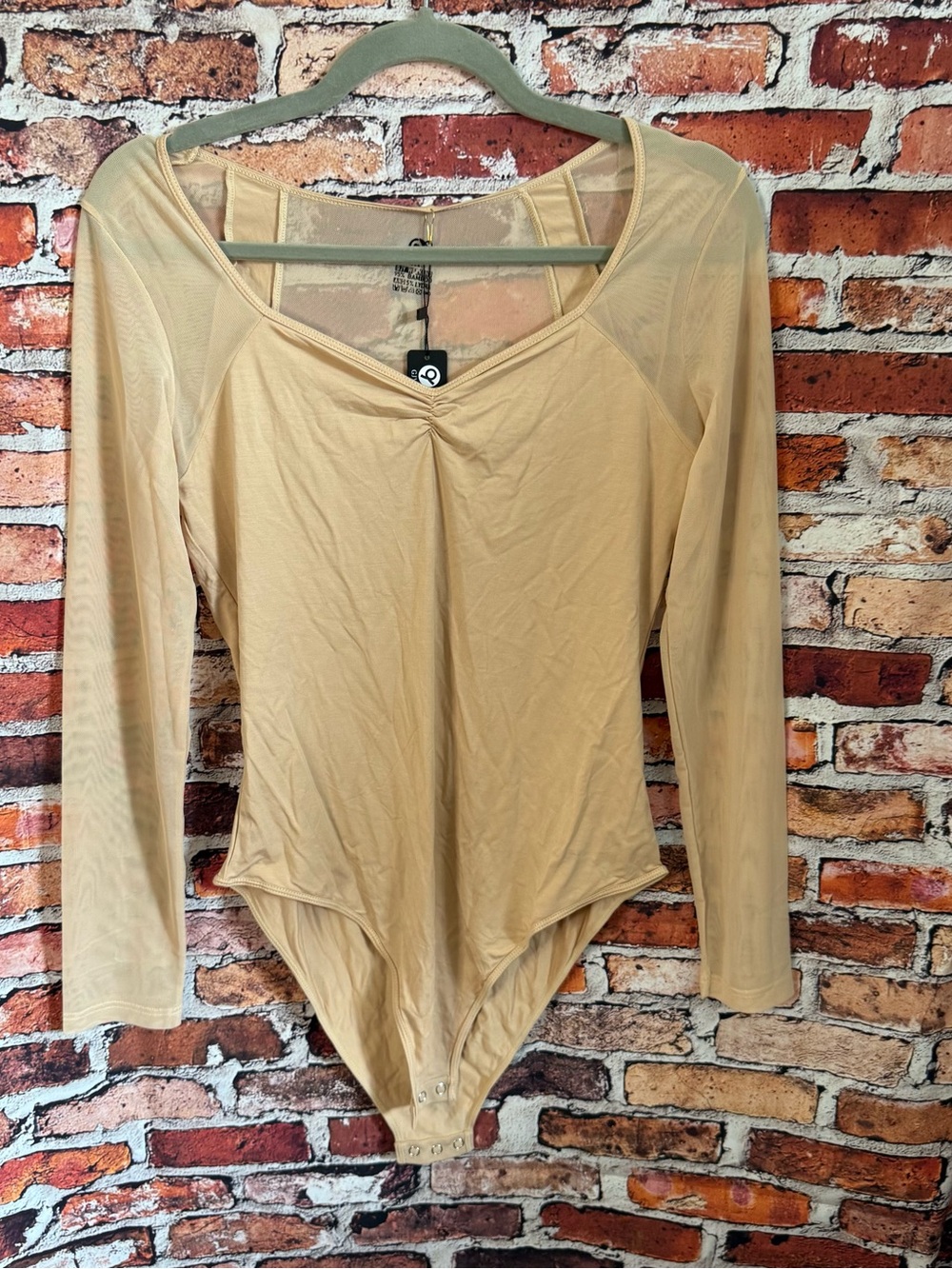 NWT GJY Women’s XL Nude Mesh Long Sleeve Ruched Bodysuit Bamboo Blend